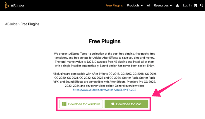 AEJuice 無料 プラグイン ダウンロード OS 選択