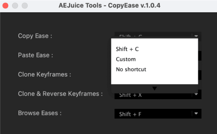 AEJuice Copy Ease ショートカットキー 設定 Custom