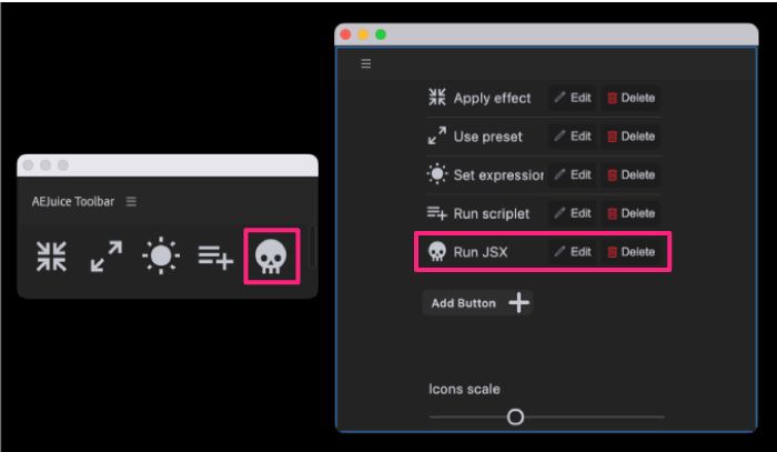 AEJuice ToolBar 使い方 ボタン 設定 Run JSX